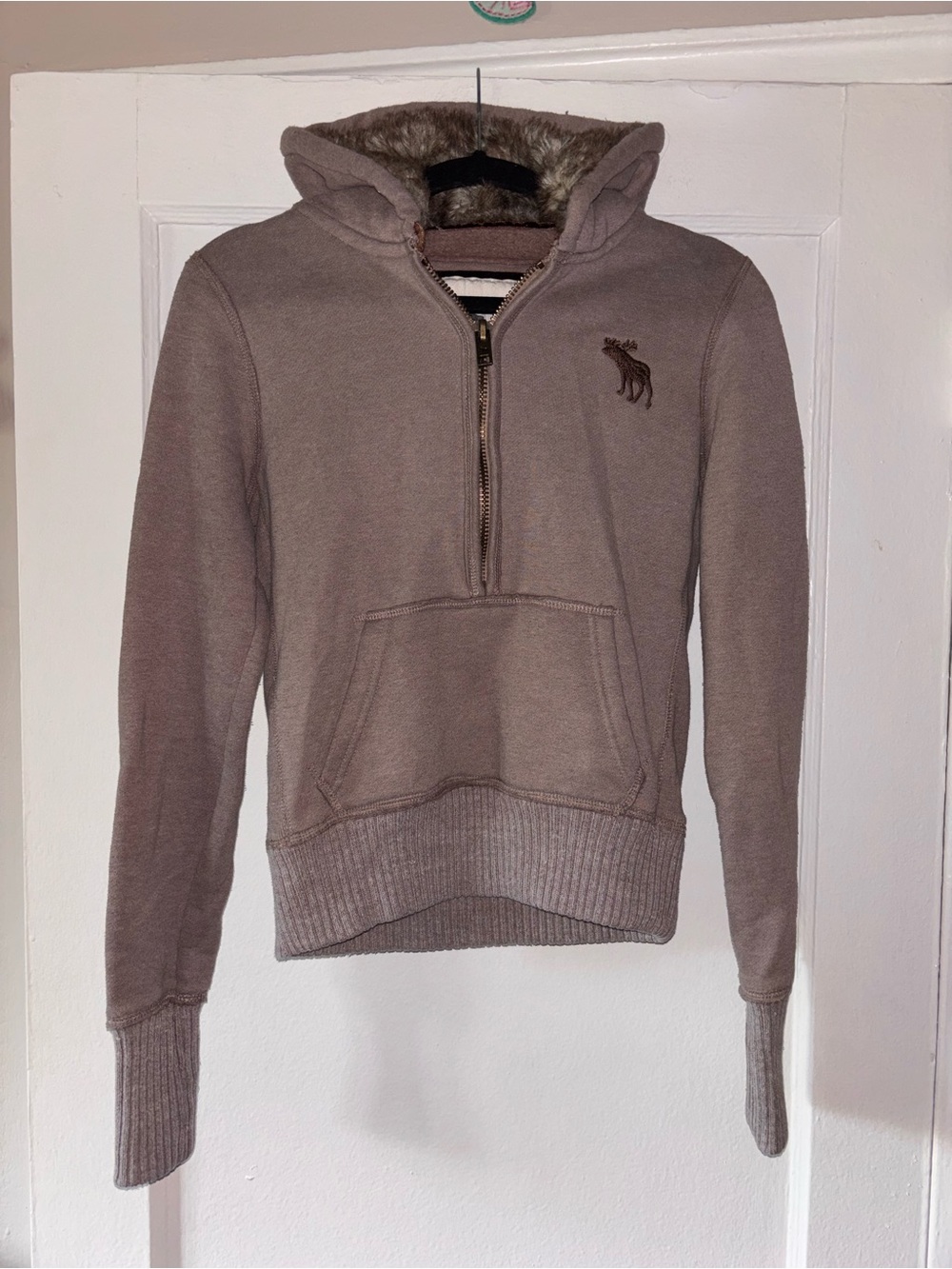 Y2K Abercrombie Fitch Pullover Half Zip Hoodie Fur Hood Fleece Medium Brown
